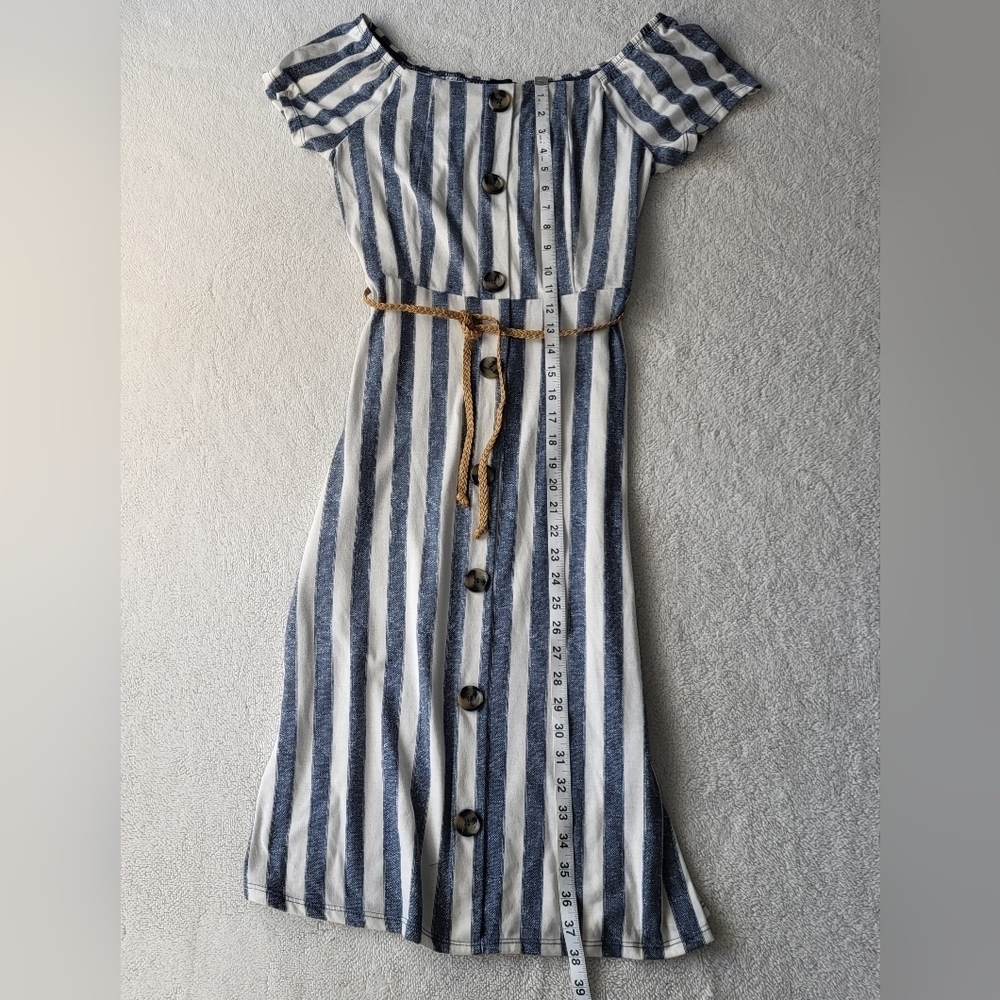 Derek Heart Blue Striped Belted Summer Dress Button Down Off Shoulder Option - Picture 6 of 9